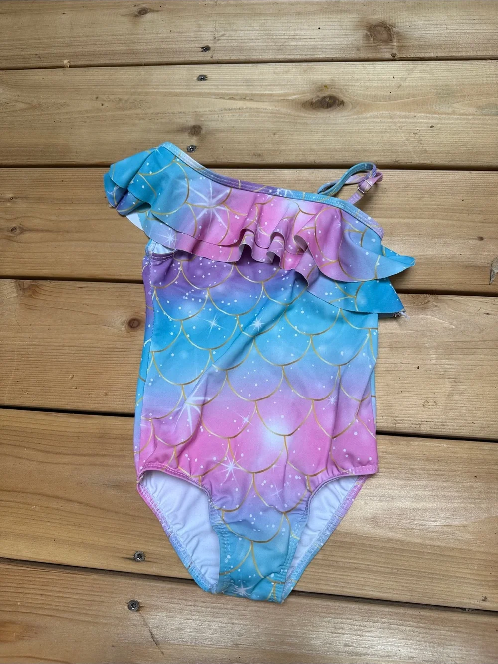 Girls One-Shoulder Mermaid Print Swimsuit in Pink & Blue